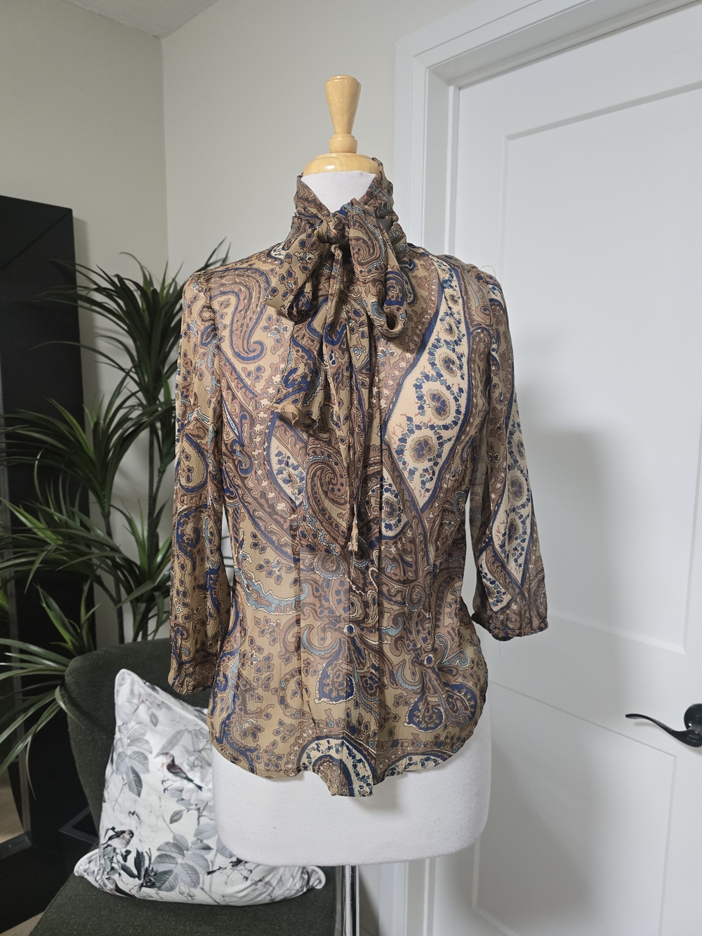 Women's Paisley Tie-Neck Blouse in Brown and Blue